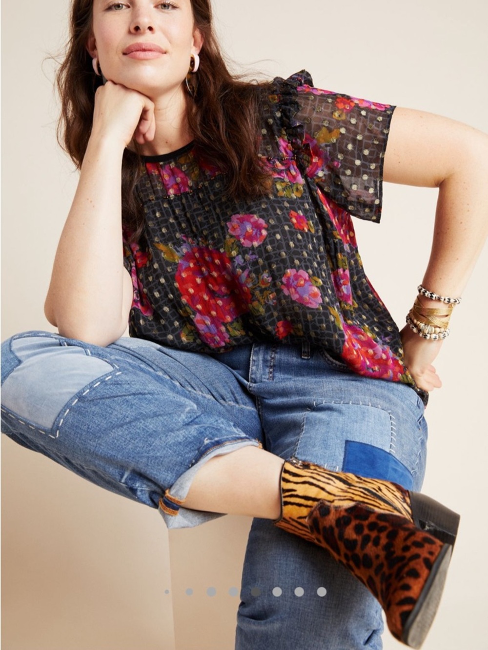 Anthropologie Fiorella Metallic Beaded Floral Polka Dot Top Boho Cottage Size 14 - Picture 2 of 10